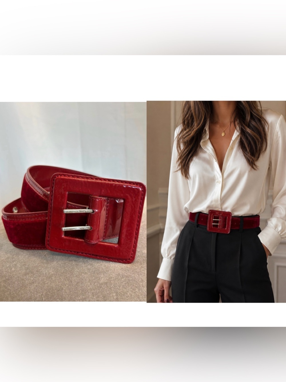 Red Patent Leather velvety/Velour Wide Belt with Square Buckle Sz L